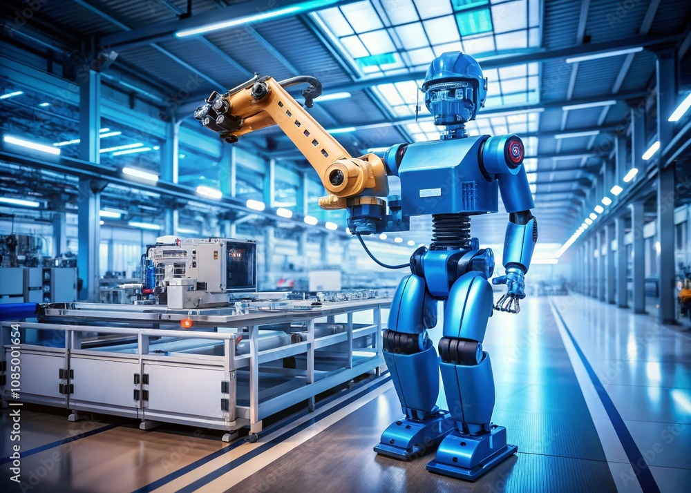 Poster a futuristic blue robot in a high-tech industrial setting: showcasing advanced robotics and automati