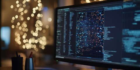 Close-up of a computer monitor displaying code and a data visualization with a blurred background of Christmas lights.