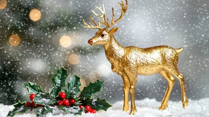 Golden reindeer figurine with holly and berries on an isolated background, light snowfall effect