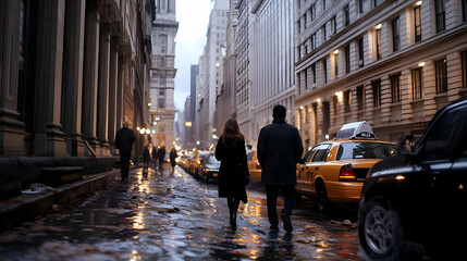 Rainy City Street Photo with Two People Walking