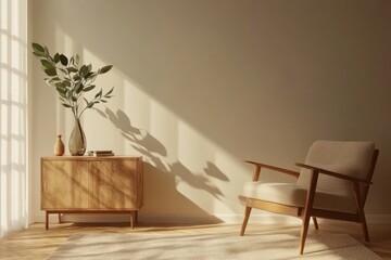 A minimalist living room with a wooden cabinet, an armchair, and a vase of greenery, bathed in sunlight streaming through a window.