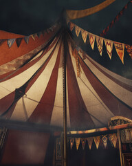 Colorful Circus Tent with Banners Against Dark Background