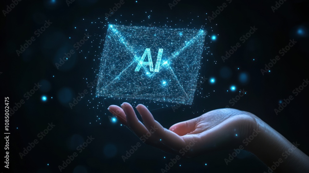 Poster a hand holding a glowing ai envelope, symbolizing the future of communication.