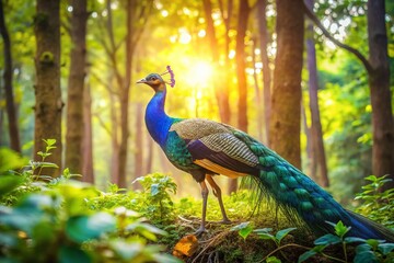 Obraz premium A Majestic Peacock Gracefully Wanders Through a Lush Forest, Capturing the Essence of Serenity and Elegance in Nature's Embrace
