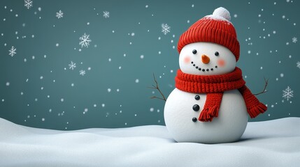 Cheerful Snowman Wearing Red Hat and Scarf with Falling Snowflakes on a Winter Wonderland Background Creates a Festive Holiday Atmosphere