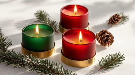 Red and green holiday candles in brass holders, isolated with scattered pine needles and soft shadows
