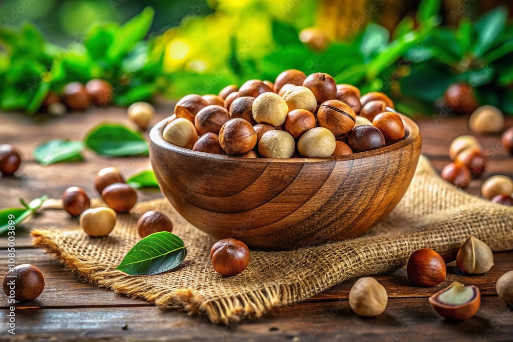 Poster a rustic scene featuring a wooden bowl overflowing with macadamia nuts and natural elements, capture