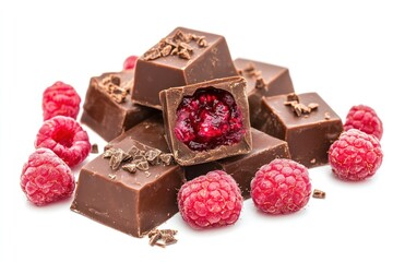 A pile of chocolate squares, some with raspberry filling, surrounded by fresh raspberries, isolated on a white background.