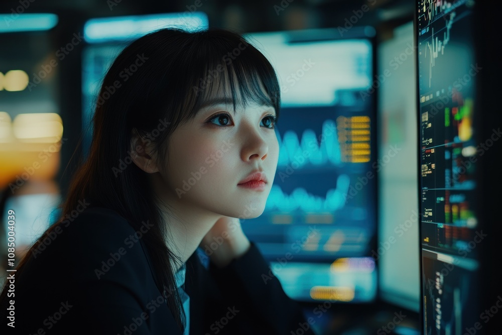 Aufkleber a young woman in a dark room looking intently at data on a computer monitor.