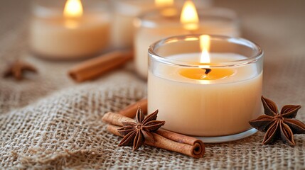 Traditional holiday tea candles with cinnamon sticks and star anise, isolated on a warm neutral background