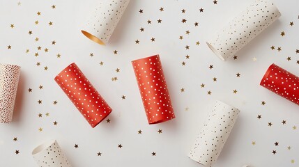 Fototapeta premium Traditional red and white Christmas crackers, isolated with tiny gold stars scattered around