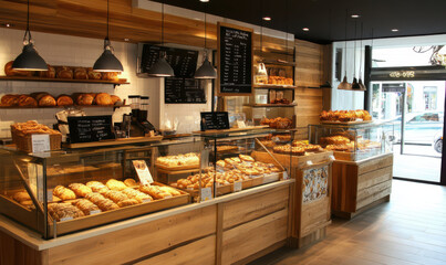 Warm, inviting bakery interior fresh bread display