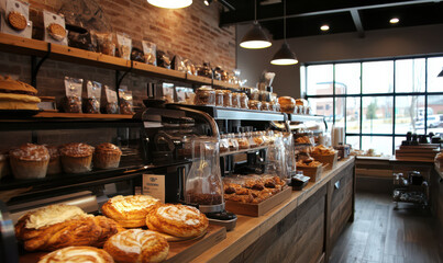 Warm, inviting bakery interior with freshly baked goods coffee brewing equipment