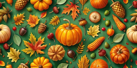 Autumn Harvest Pattern Featuring Acorns, Pumpkins, and Faded Leaves on a Green Background - Perfect for Seasonal Decor and Thanksgiving Inspirations