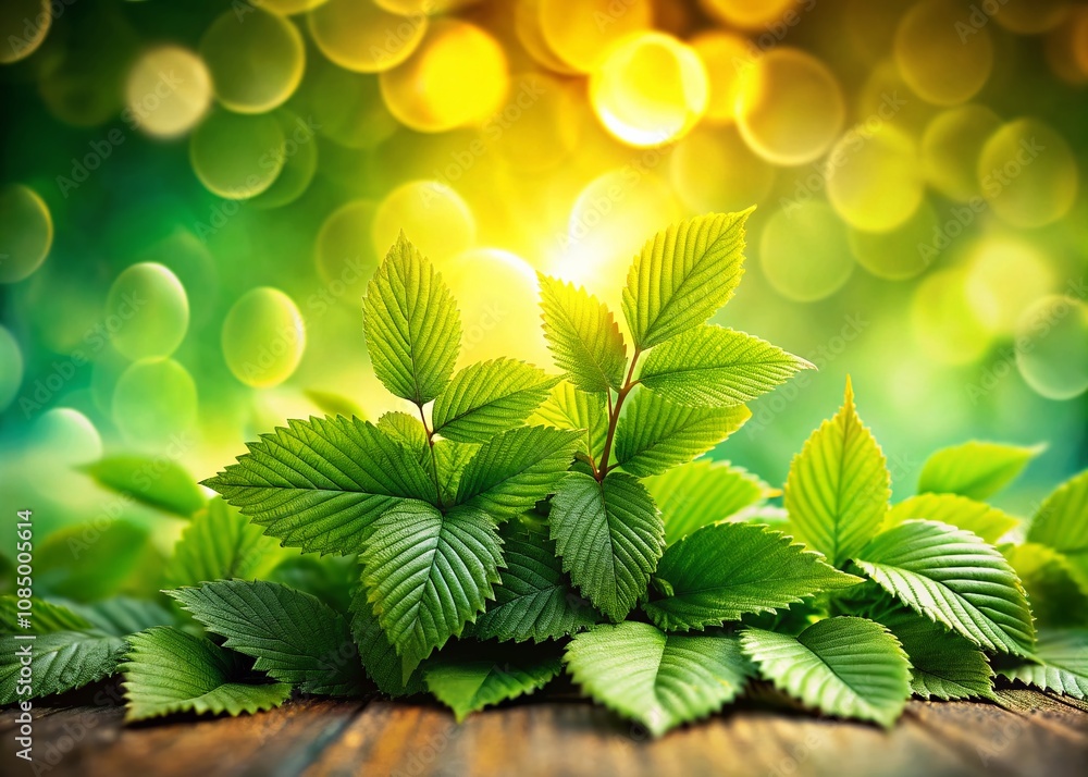 Poster a vibrant display of green leaves resting on a colorful surface with artistic bokeh effect for natur