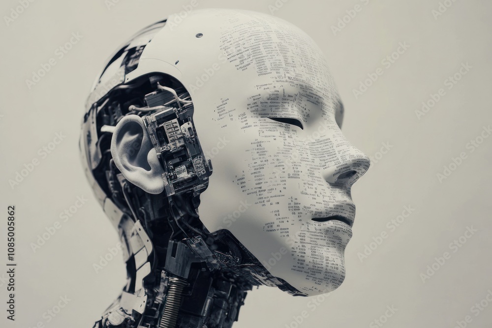 Fototapete A robotic head with a partially exposed face, revealing intricate circuitry and code.