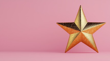 Obraz premium Shining Golden Star Decoration on a Soft Pink Background for Festive Occasions and Celebrations, Highlighting Elegance and Glamour in Unique Design Elements