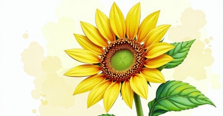 Fototapeta premium Vibrant Sunflower Watercolor Art with Detailed Texture and Green Leaves for Eco Friendly Design