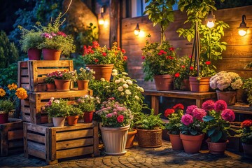 Obraz premium Rustic Garden Corner, Low Light, Potted Flowers, Wooden Crates, Charming, Photography, Night, Still Life