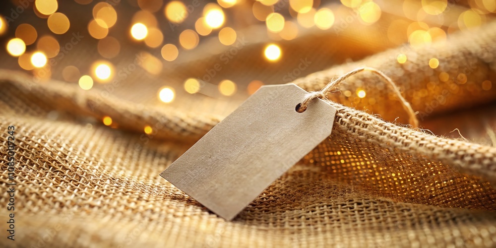 Aufkleber blank tag on textured fabric for price or sale information with bokeh effect and soft focus backgrou