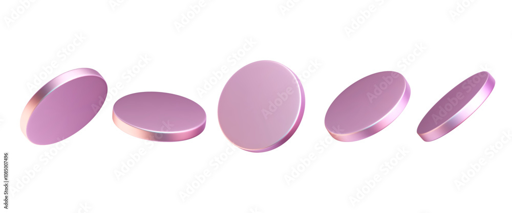 Wall mural 3d hologram coins. chrome circles in different angles. clean disk, pedestal, techno tablets set. fut