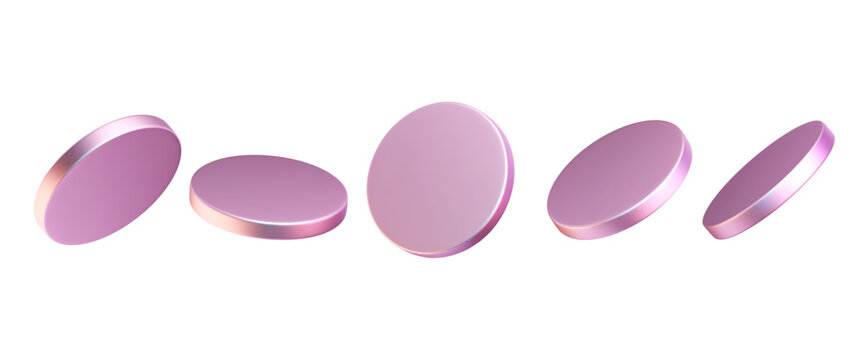 3d hologram coins. Chrome circles in different angles. Clean disk, pedestal, techno tablets set. Futuristic gradient elements, cyber badges, thin cylinders. Vector glossy illustration.