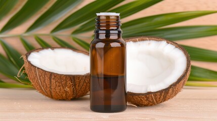 organic coconut essential oil.A brown glass bottle filled with oil rests between two halved coconut shells, surrounded by green palm leaves, evoking a tropical, natural vibe.