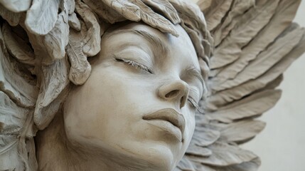 Close-up of an angel sculpture with soft features and detailed wings, symbolizing peace and spirituality