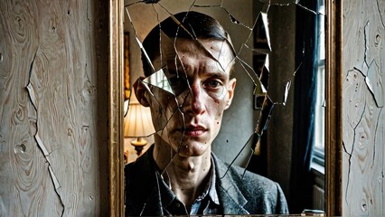 man looking through broken mirror