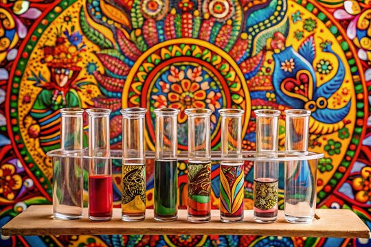 Candid Photography of Clear Glass Container with Test Tubes on Colorful Folk Art Background Featuring Traditional Madhubani and Bhil Motifs Celebrating Science and Culture