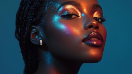 Portrait of a woman with shimmering makeup and glowing skin highlighting beauty