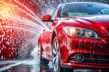Candid Shot of a Red Car Being Washed with Water Spray at a Car Wash, Highlighting Water Droplets and the Art of Car Cleaning and Detailing