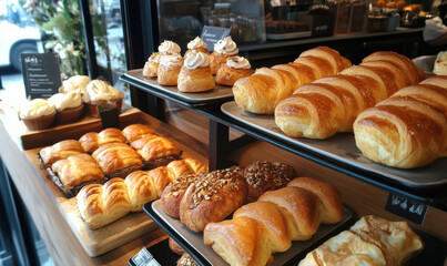 Golden brown pastries displayed in bakery inviting and delicious