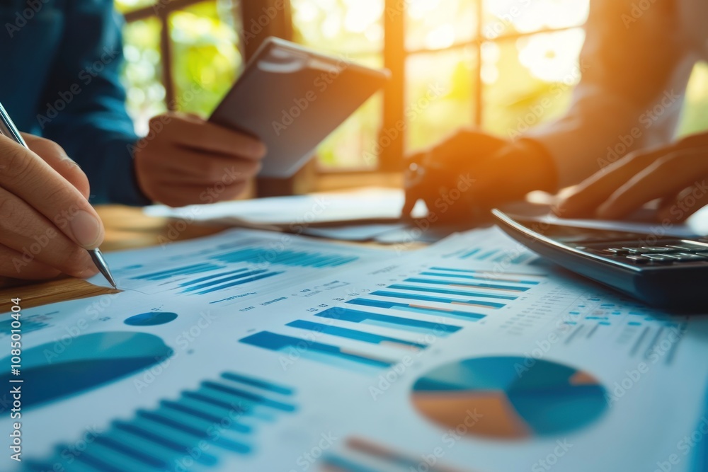Poster Close-up of hands working on financial reports with charts and graphs on a desk.