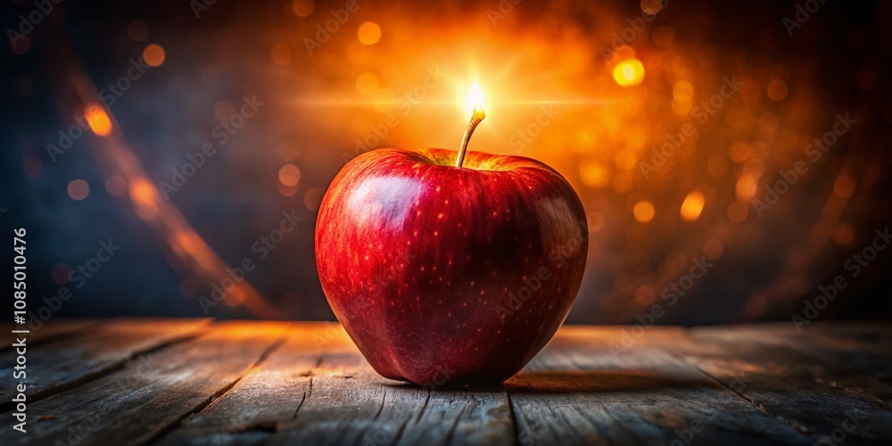 Poster captivating conceptual photography of a red apple with a mysterious glowing light inside, symbolizin