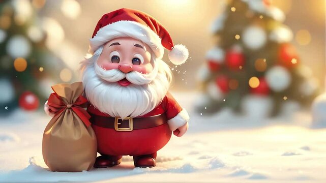 Cute cartoon Santa Claus with a sack of gifts standing on snow on a blurred background with Christmas trees. Christmas animation.