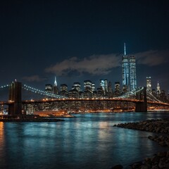 Fototapeta premium The Brooklyn Bridge illuminated at night with the Manhattan skyline glowing behind.
