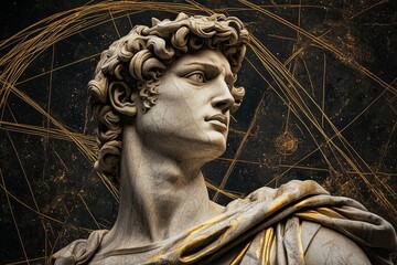 Obraz premium Stoic Marble Sculpture with Kintsugi Gold Accents in a Surreal Abstract Galaxy Universe