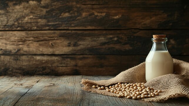 Soybeans and soy milk bottle on a rustic wooden table with burlap cloth, isolated with warm, earthy tones