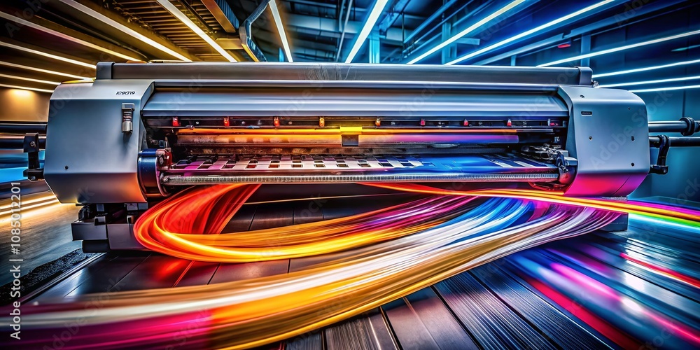 Poster captivating long exposure capture of a printer in motion, highlighting the flow of paper and ink for