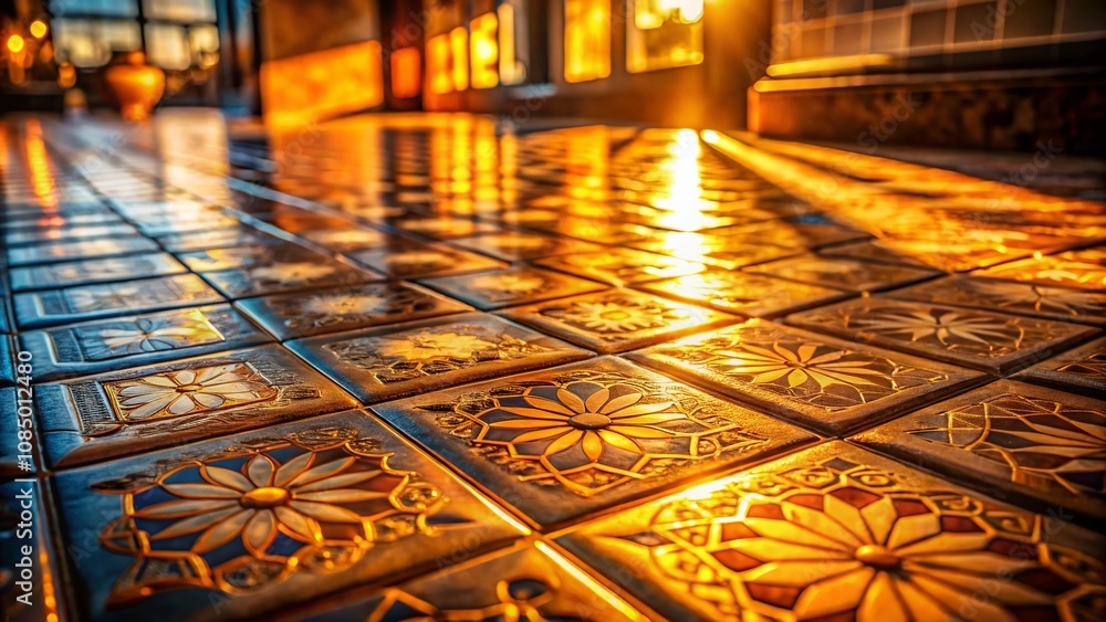 Poster captivating long exposure of textured tiles with warm light reflections creating an inviting atmosph