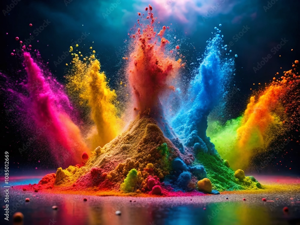 Poster captivating low angle view of a colorful powder explosion against an abstract background in minimali