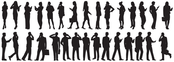 silhouette of people using mobile phone collection on isolated white background. People chatting contacting, messaging, connecting, phonecall business people. 