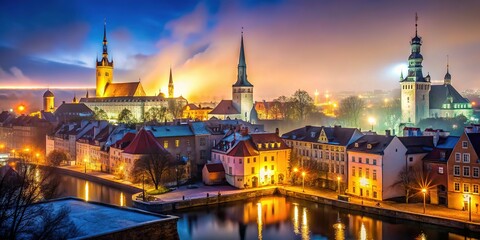 Fototapeta premium Tallinn Poland Night Photography - Majestic Architecture, AI Art