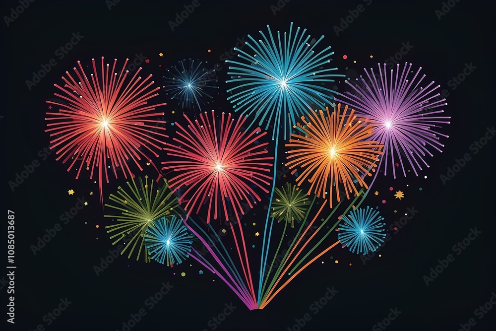 Poster colorful digital fireworks display in a modern and dynamic three-dimensional design celebrating joy 