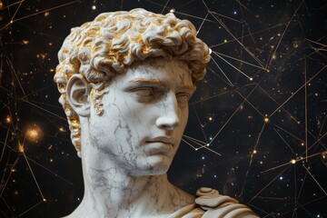 Stoic Marble Sculpture with Kintsugi Gold Accents in a Surreal Abstract Galaxy Universe