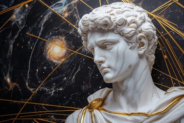 Stoic Marble Sculpture with Kintsugi Gold Accents in a Surreal Abstract Galaxy Universe