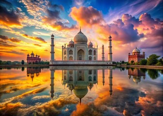 Fototapeta premium Captivating Reflection of Taj Mahal at Dusk with Dramatic Sky Over Water, Showcasing the Beauty of Indian Architecture and Nature's Palette