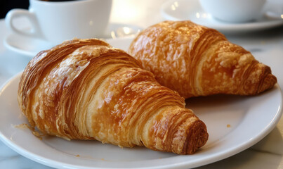 Two golden croissants, delightful breakfast warm, inviting pastry