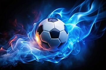 Obraz premium Captivating Soccer Ball Surrounded by Blue Flames on Isolated Background, Perfect for Sports Themes and Dynamic Visuals, Showcasing Energy and Motion in Photography